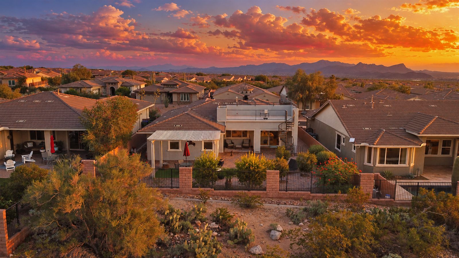 Drone view of Tucson-area homes at sunset